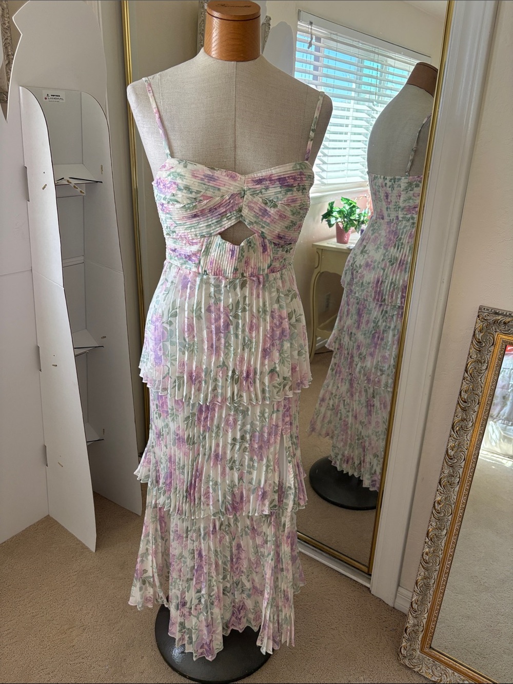 Astr Lavender Floral Tiered Maxi Dress with Green Accents